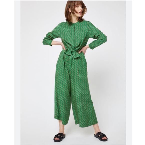 Scotch & Soda Pants - Scotch & Soda Green Pink Long Sleeve Tie Front Cropped Wide Leg Jumpsuit L